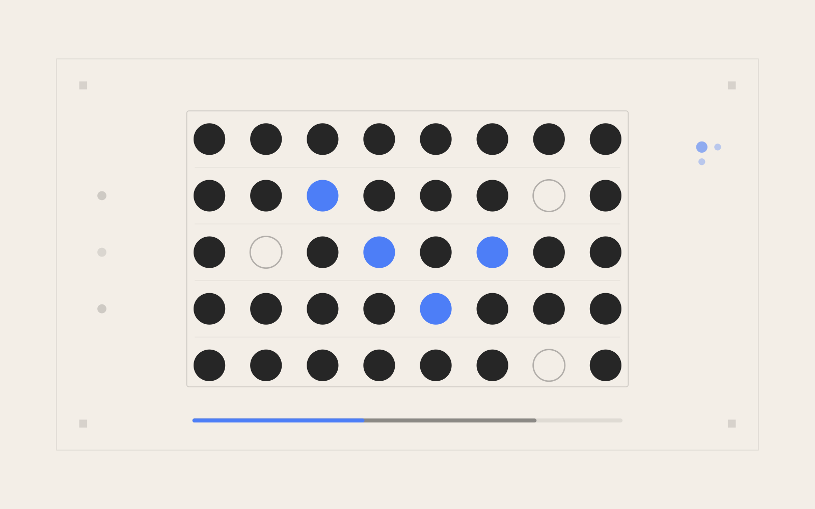 A grid of circular test outcome indicators arranged in rows and columns, most filled with dark ink representing passing tests, a few outlined representing pending cases, and a few accent-coloured ones highlighted.