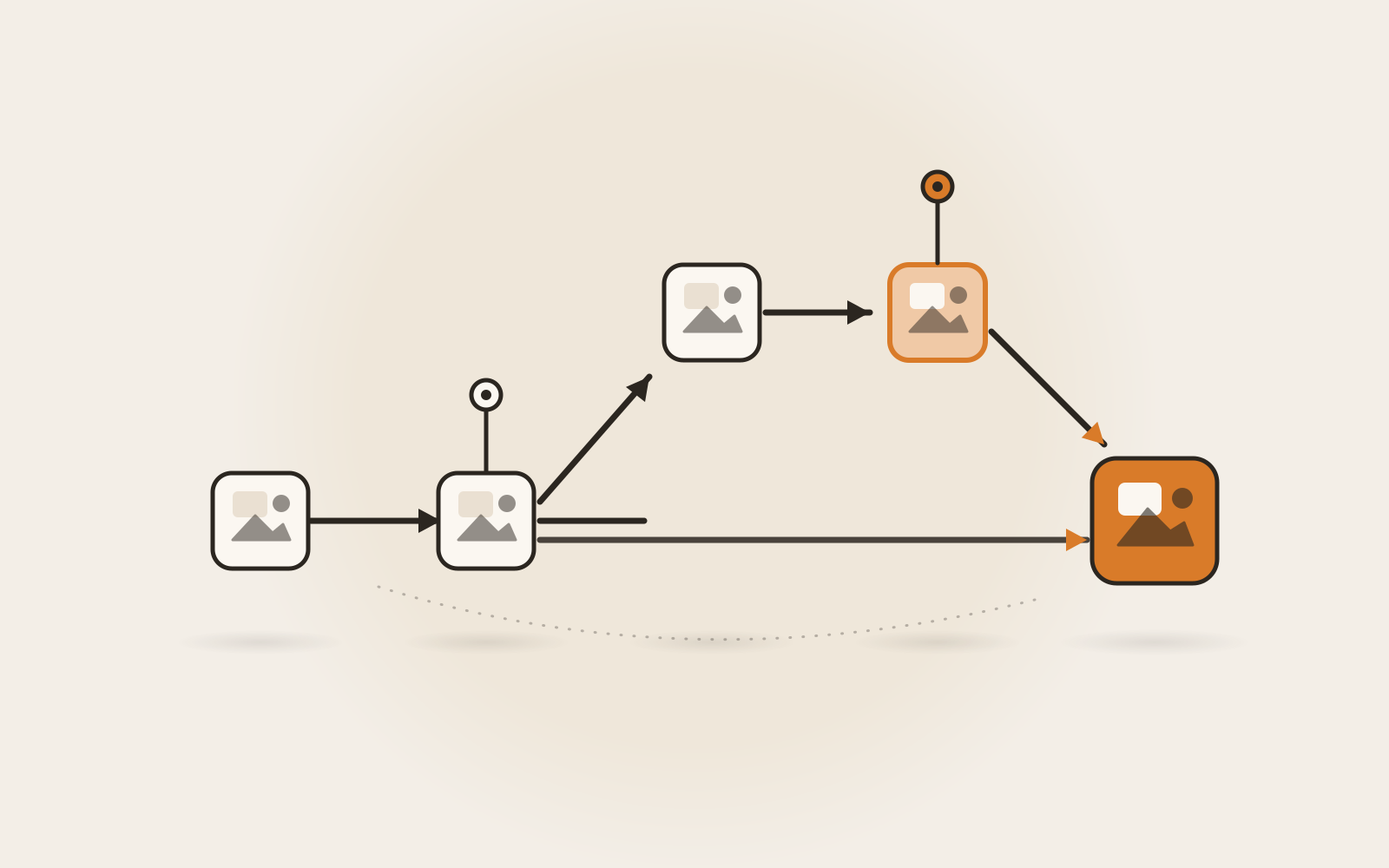 Two pointer pins marking different points on a chain of snapshot blocks that splits into two paths and rejoins at a larger merge block