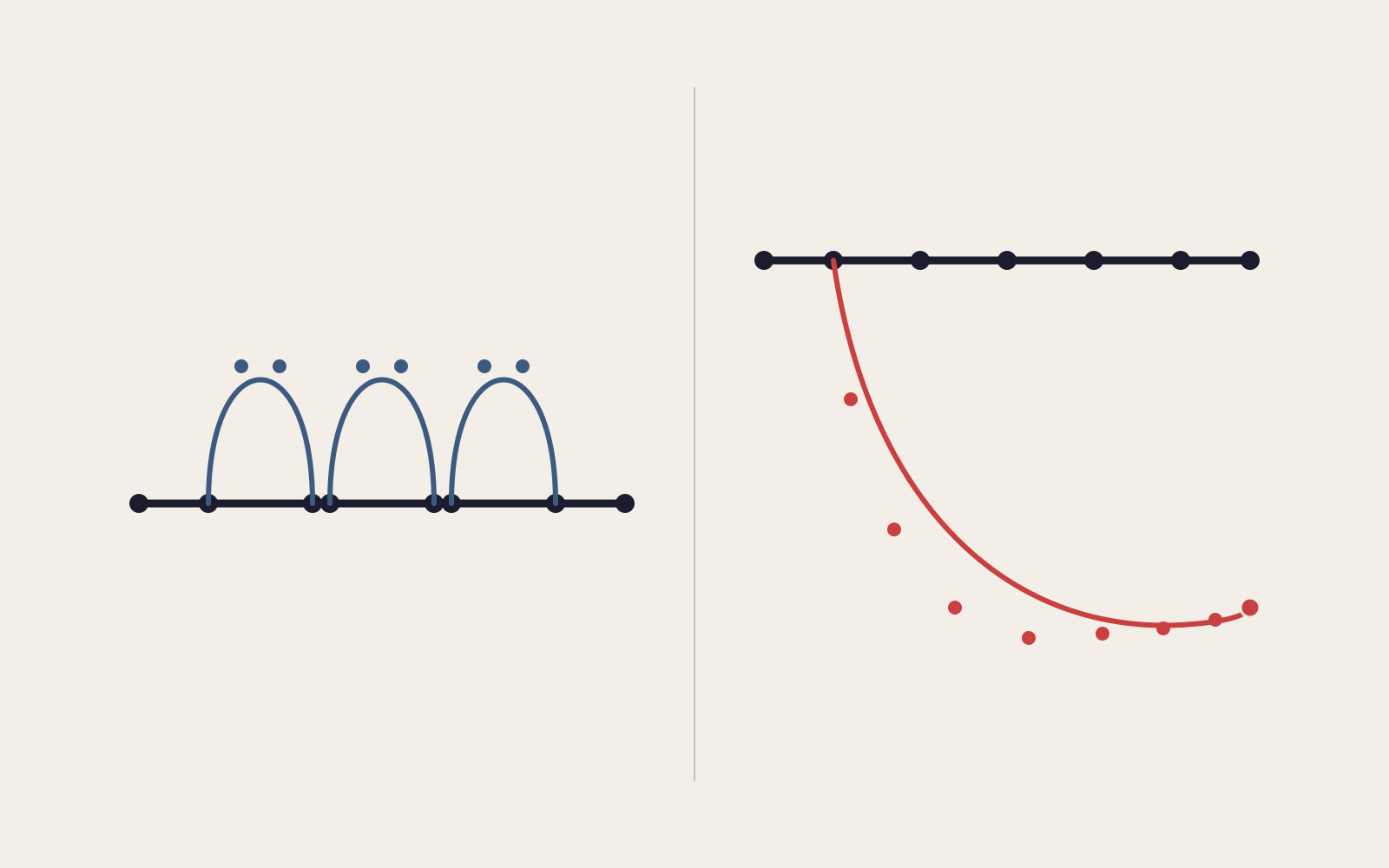Geometric diagram: left side shows a trunk with three compact arcs returning quickly; right side shows a single trunk with one long arc that drifts far below and does not return