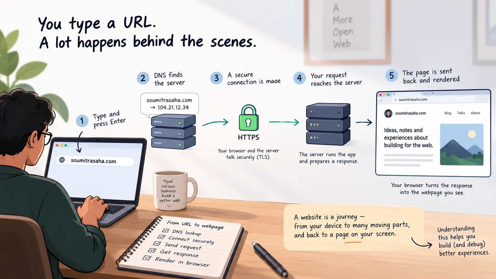 A recap of the request journey in five steps: type the URL and press Enter, DNS finds the server, a secure TLS connection is made, the request reaches the server, and the page is sent back and rendered in the browser.