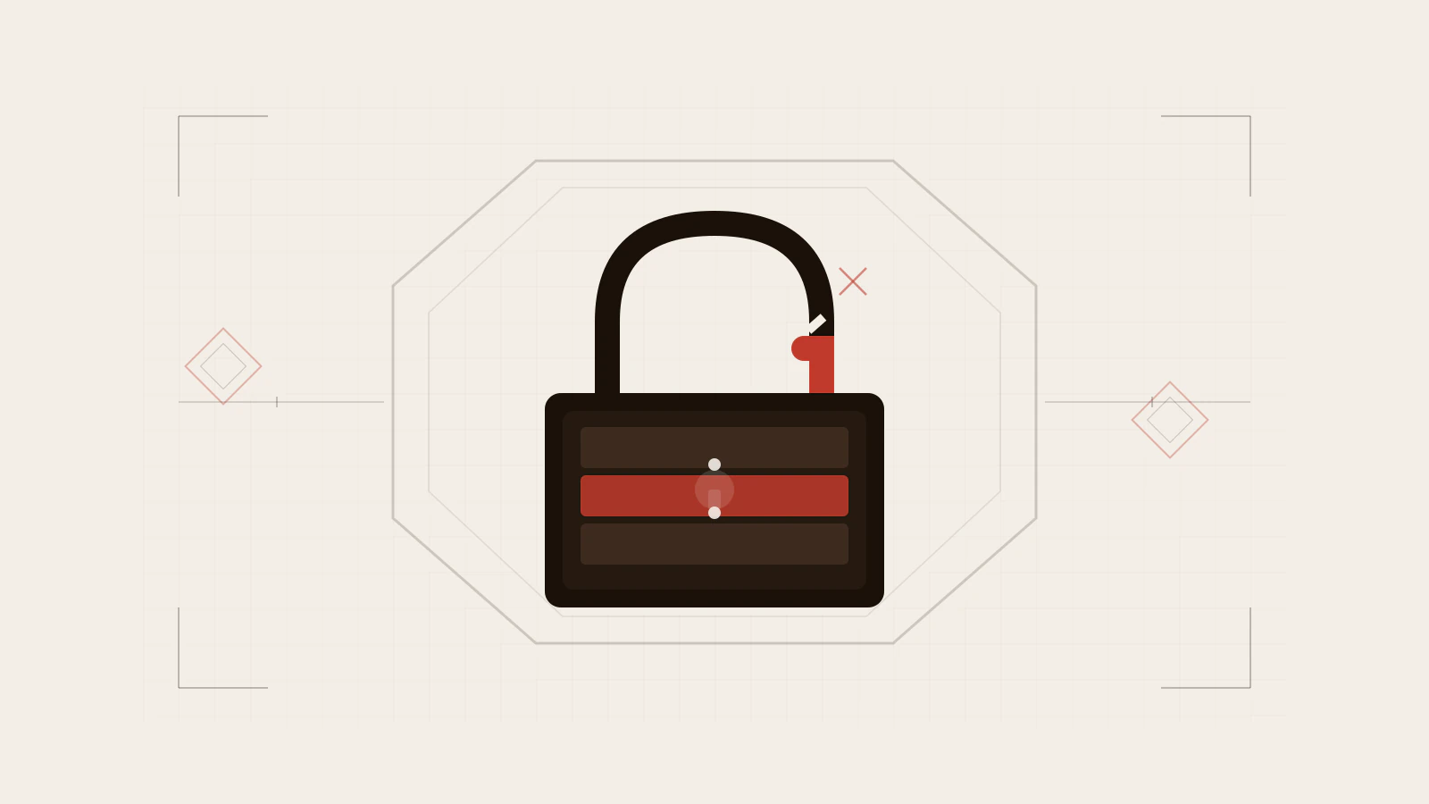 A geometric lock split into three horizontal sections representing the header, payload, and signature of a token, with the middle section marked in a warning colour to indicate the payload is readable, and a crack in the shackle indicating the revocation gap.